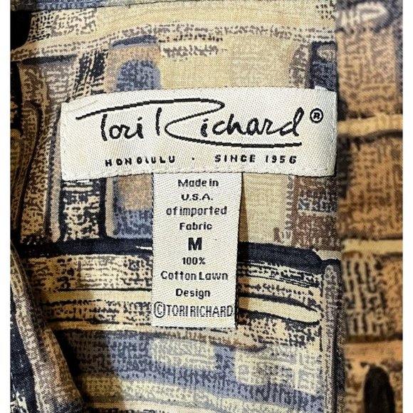 Tori Richard Blue and Tan Geometric Mens Short Sleeve Cotton Lawn Hawaiian Shirt - Picture 3 of 6